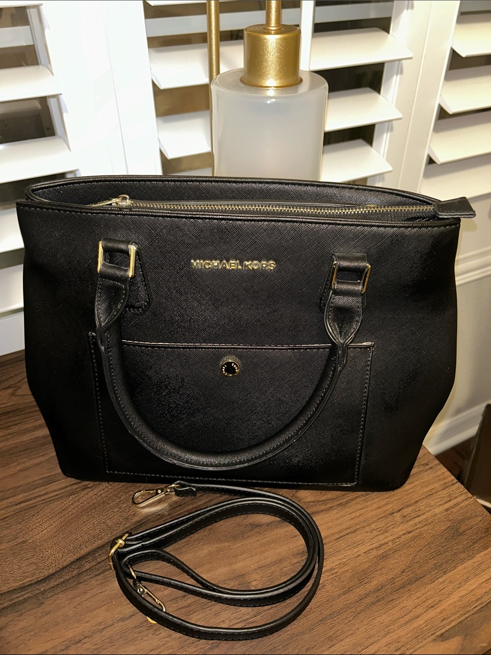 Michael Kors Black Saffiano Leather Satchel with Gold Hardware